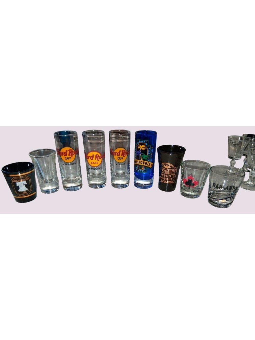 Lot Of 9 Vintage Shot Glasses - Hard Rock Cafe Philadelphia Canadian Club & More